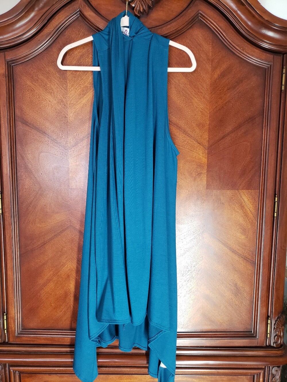 Sleeveless Teal Open-Front Draped Cardigan